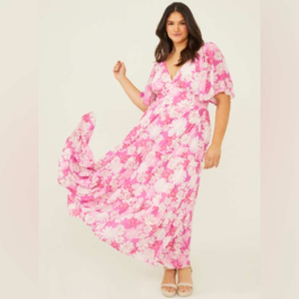 Pink Floral Maxi Flowy Flutter-sleeve V-neck Smocked Back Dress
